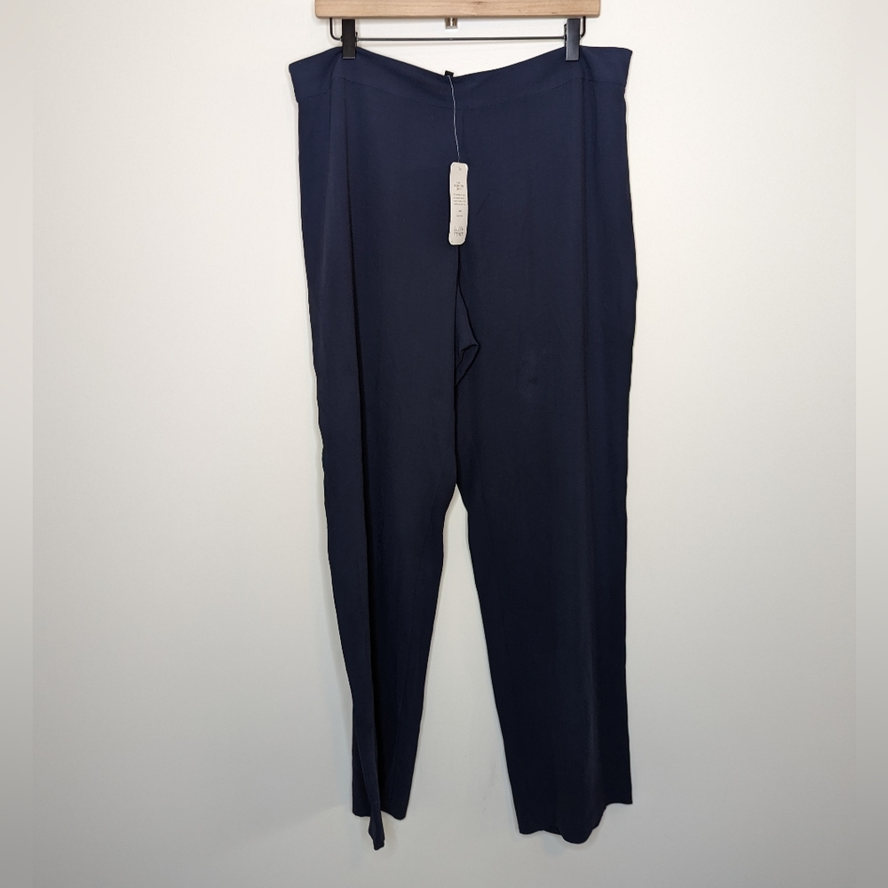 Eileen Fisher Navy Silk Georgette Pants with side zipper